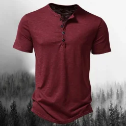 Men's T Shirt Henley Shirt Tee Top Short Sleeves Plain Designer Basic Modern Contemporary Buttons Henley Vacation Street Going out Summer Wine Black White Henley T-Shirt
