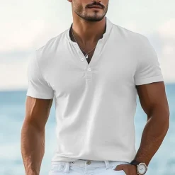 Men's T shirt Henley Shirt Tee Top Short Sleeves Plain Designer Basic Modern Contemporary Buttons Henley Vacation Street Going out Summer Wine Black White Henley T-Shirt