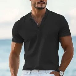 Men's T shirt Henley Shirt Tee Top Short Sleeves Plain Designer Basic Modern Contemporary Buttons Henley Vacation Street Going out Summer Wine Black White Henley T-Shirt