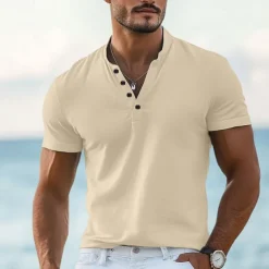 Men's T shirt Henley Shirt Tee Top Short Sleeves Plain Designer Basic Modern Contemporary Buttons Henley Vacation Street Going out Summer Wine Black White Henley T-Shirt