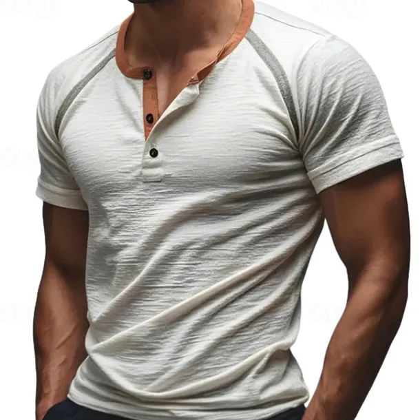 Men's T Shirt Henley Shirt Tee Short Sleeve Shirt Short Sleeve Henley Summer Plain Fashion Designer Basic Patchwork Buttons Vacation Street Going out White Blue Green Top Tee for Men
