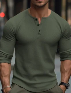 Men's T Shirt Henley Shirt Tee Top Long Sleeve Shirt Long Sleeve Plain Fashion Designer Basic Henley Vacation Street Going out Spring & Fall Black White Navy Blue Henley T-Shirt