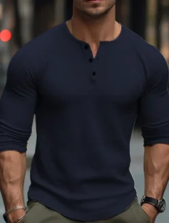 Men's T Shirt Henley Shirt Tee Top Long Sleeve Shirt Long Sleeve Plain Fashion Designer Basic Henley Vacation Street Going out Spring & Fall Black White Navy Blue Henley T-Shirt