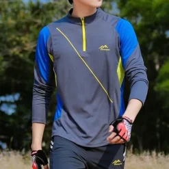 Men's T shirt Hiking Tee shirt Long Sleeve Quarter Zip Tee Tshirt Muscle T-Shirt Bodybuilding Stretch Tee Outdoor Quick Dry Workout Soft Sweat wicking Polyester Patchwork Black White Blue Gym