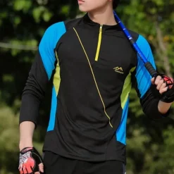 Men's T shirt Hiking Tee shirt Long Sleeve Quarter Zip Tee Tshirt Muscle T-Shirt Bodybuilding Stretch Tee Outdoor Quick Dry Workout Soft Sweat wicking Polyester Patchwork Black White Blue Gym