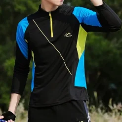Men's T shirt Hiking Tee shirt Long Sleeve Quarter Zip Tee Tshirt Muscle T-Shirt Bodybuilding Stretch Tee Outdoor Quick Dry Workout Soft Sweat wicking Polyester Patchwork Black White Blue Gym