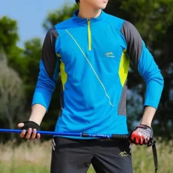 Men's T shirt Hiking Tee shirt Long Sleeve Quarter Zip Tee Tshirt Muscle T-Shirt Bodybuilding Stretch Tee Outdoor Quick Dry Workout Soft Sweat wicking Polyester Patchwork Black White Blue Gym