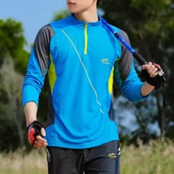 Men's T shirt Hiking Tee shirt Long Sleeve Quarter Zip Tee Tshirt Muscle T-Shirt Bodybuilding Stretch Tee Outdoor Quick Dry Workout Soft Sweat wicking Polyester Patchwork Black White Blue Gym