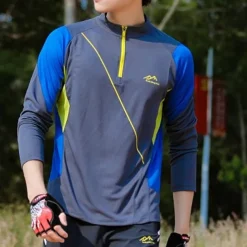 Men's T shirt Hiking Tee shirt Long Sleeve Quarter Zip Tee Tshirt Muscle T-Shirt Bodybuilding Stretch Tee Outdoor Quick Dry Workout Soft Sweat wicking Polyester Patchwork Black White Blue Gym