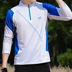 Men's T shirt Hiking Tee shirt Long Sleeve Quarter Zip Tee Tshirt Muscle T-Shirt Bodybuilding Stretch Tee Outdoor Quick Dry Workout Soft Sweat wicking Polyester Patchwork Black White Blue Gym