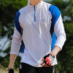 Men's T shirt Hiking Tee shirt Long Sleeve Quarter Zip Tee Tshirt Muscle T-Shirt Bodybuilding Stretch Tee Outdoor Quick Dry Workout Soft Sweat wicking Polyester Patchwork Black White Blue Gym