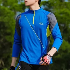 Men's T shirt Hiking Tee shirt Long Sleeve Quarter Zip Tee Tshirt Muscle T-Shirt Bodybuilding Stretch Tee Outdoor Quick Dry Workout Soft Sweat wicking Polyester Patchwork Black White Blue Gym