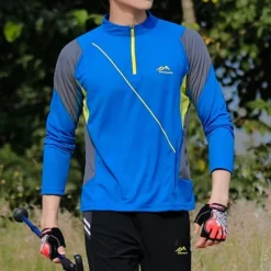 Men's T shirt Hiking Tee shirt Long Sleeve Quarter Zip Tee Tshirt Muscle T-Shirt Bodybuilding Stretch Tee Outdoor Quick Dry Workout Soft Sweat wicking Polyester Patchwork Black White Blue Gym