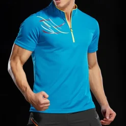 Men's T shirt Hiking Tee shirt Short Sleeve Quarter Zip Tee Tshirt Muscle T-Shirt Short Sleeve Shirt Outdoor Quick Dry Workout Soft Sweat wicking Polyester Red Blue Orange Gym Climbing Camping