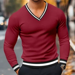 Men's T Shirt Knit Tee Long Sleeve V Neck Winter Spring & Fall Solid Color Knitwear V Neck Casual Daily Black White Yellow Top Tee for Men