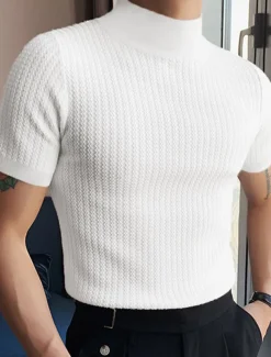 Men's T Shirt Knit Tee Tee Top Mock Turtleneck Short Sleeves Turtleneck Summer Plain Fashion Designer Basic Knitting Vacation Street Going out Black White Coffee Top Tee for Men