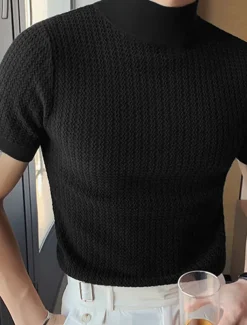 Men's T Shirt Knit Tee Tee Top Mock Turtleneck Short Sleeves Turtleneck Summer Plain Fashion Designer Basic Knitting Vacation Street Going out Black White Coffee Top Tee for Men