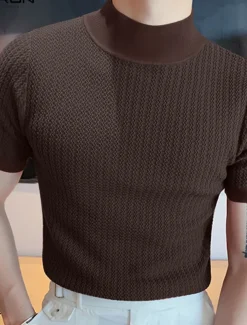 Men's T Shirt Knit Tee Tee Top Mock Turtleneck Short Sleeves Turtleneck Summer Plain Fashion Designer Basic Knitting Vacation Street Going out Black White Coffee Top Tee for Men