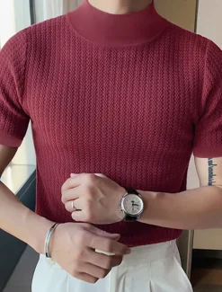 Men's T Shirt Knit Tee Tee Top Mock Turtleneck Short Sleeves Turtleneck Summer Plain Fashion Designer Basic Knitting Vacation Street Going out Black White Coffee Top Tee for Men