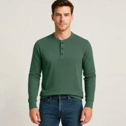 Men's T Shirt Long Sleeve Solid Neutral Daily Casual Button Up Henley School Home Work All Seasons Deep Green Dark Grey Black Henley T-Shirt