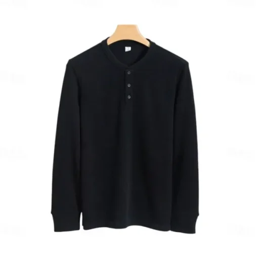 Men's T Shirt Long Sleeve Solid Neutral Daily Casual Button Up Henley School Home Work All Seasons Deep Green Dark Grey Black Henley T-Shirt