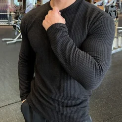 Men's T Shirt Ribbed Knit tee Long Sleeve Crewneck Solid Color Traditional / Vintage Knitted Outdoor Home Sports & Outdoor Dark Grey Black Blue Top Tee for Men