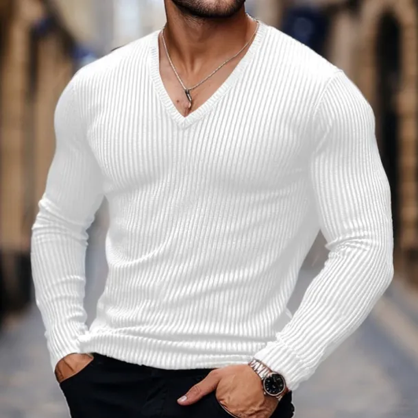 Men's T Shirt Ribbed Knit tee Tee Top Long Sleeve V Neck Summer Plain Pit Strip Fashion Designer Basic V Neck Vacation Street Going out Black White Top Tee for Men