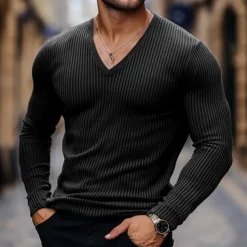 Men's T Shirt Ribbed Knit tee Tee Top Long Sleeve V Neck Summer Plain Pit Strip Fashion Designer Basic V Neck Vacation Street Going out Black White Top Tee for Men