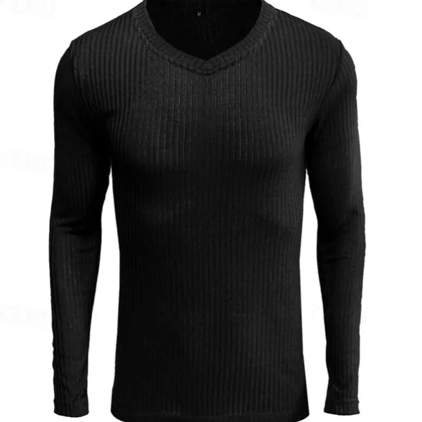 Men's T Shirt Ribbed Knit tee Tee Top Long Sleeve V Neck Summer Plain Pit Strip Fashion Designer Basic V Neck Vacation Street Going out Black White Top Tee for Men