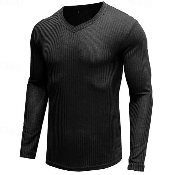Men's T Shirt Ribbed Knit tee Tee Top Long Sleeve V Neck Summer Plain Pit Strip Fashion Designer Basic V Neck Vacation Street Going out Black White Top Tee for Men
