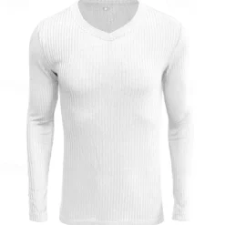 Men's T Shirt Ribbed Knit tee Tee Top Long Sleeve V Neck Summer Plain Pit Strip Fashion Designer Basic V Neck Vacation Street Going out Black White Top Tee for Men