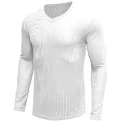 Men's T Shirt Ribbed Knit tee Tee Top Long Sleeve V Neck Summer Plain Pit Strip Fashion Designer Basic V Neck Vacation Street Going out Black White Top Tee for Men