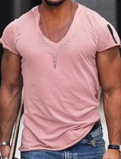 Men's T Shirt Short Sleeve V Neck Spring & Summer Plain Fashion Streetwear Pink Sports & Outdoor Sport Going out Black White Pink Top Tee for Men