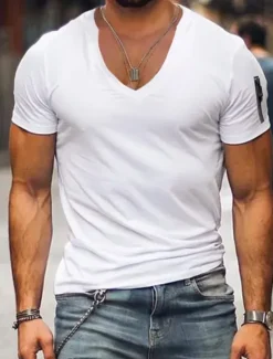 Men's T Shirt Short Sleeve V Neck Spring & Summer Plain Fashion Streetwear Pink Sports & Outdoor Sport Going out Black White Pink Top Tee for Men