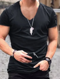 Men's T Shirt Short Sleeve V Neck Spring & Summer Plain Fashion Streetwear Pink Sports & Outdoor Sport Going out Black White Pink Top Tee for Men