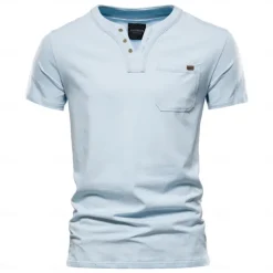 Men's T Shirt Short Sleeve V Neck Summer All Seasons Solid Color Daily Casual Daily Casual Pocket V Neck Vacation Causal Casual Light Blue Black White Top Tee for Men
