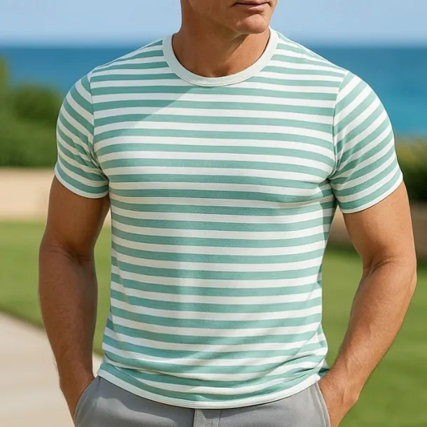 Men's T Shirt Short Sleeve Crew Neck Summer Striped Fashion Designer Basic Classic Vacation Street Going out Green Top Tee for Men