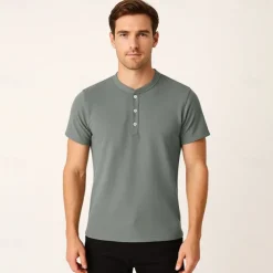 Men's T Shirt Short Sleeve Solid Daily Casual Button Up Quick Dry Henley School Outdoor Vacation All Seasons Dark Grey Black White Henley T-Shirt