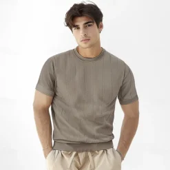 Men's T Shirt Short Sleeve Crew Neck Summer Spring Vertical Stripes Knitwear Elegant Vacation Knitting School Vacation Home Dark Red Black White Top Tee for Men