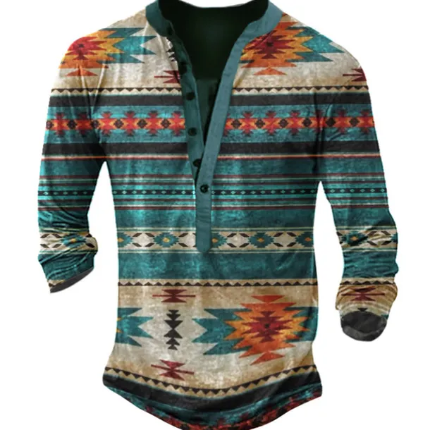 Men's T shirt Tee Henley Shirt Graphic Geometry Henley White Blue Camel Brown 3D Print Street Casual Long Sleeve Button-Down Print Clothing Apparel Stylish Vintage Basic Classic