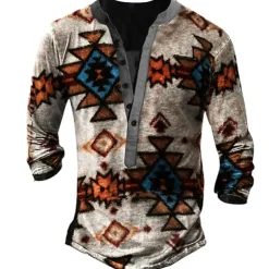 Men's T shirt Tee Henley Shirt Graphic Geometry Henley White Blue Camel Brown 3D Print Street Casual Long Sleeve Button-Down Print Clothing Apparel Stylish Vintage Basic Classic