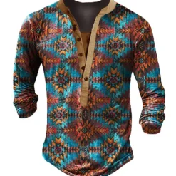 Men's T shirt Tee Henley Shirt Graphic Geometry Henley White Blue Camel Brown 3D Print Street Casual Long Sleeve Button-Down Print Clothing Apparel Stylish Vintage Basic Classic