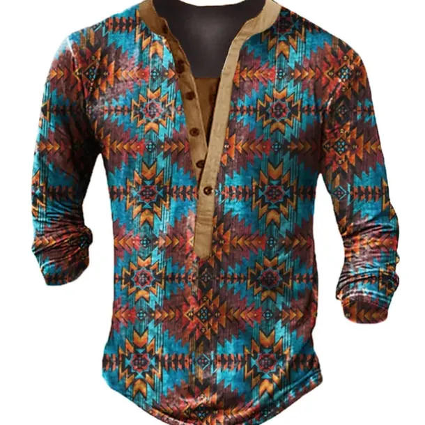 Men's T shirt Tee Henley Shirt Graphic Geometry Henley White Blue Camel Brown 3D Print Street Casual Long Sleeve Button-Down Print Clothing Apparel Stylish Vintage Basic Classic