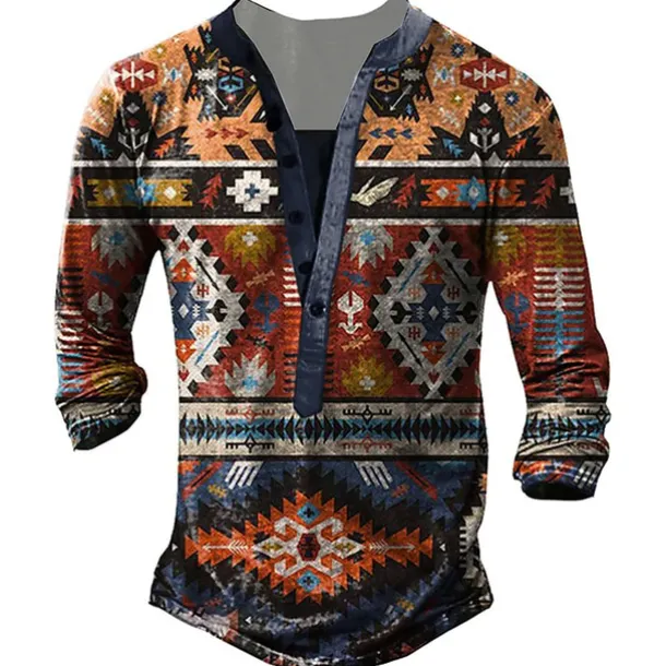 Men's T shirt Tee Henley Shirt Graphic Geometry Henley White Blue Camel Brown 3D Print Street Casual Long Sleeve Button-Down Print Clothing Apparel Stylish Vintage Basic Classic