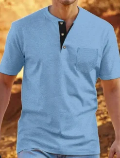 Men's T shirt Tee Henley Shirt Tee Top Plain Henley Street Vacation Short Sleeves Clothing Apparel Fashion Designer Basic