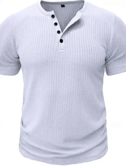 Men's T shirt Tee Henley Shirt Ribbed Knit tee Tee Top Plain Henley Street Vacation Short Sleeves Clothing Apparel Fashion Designer Basic