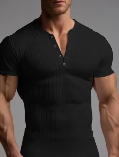Men's T shirt Tee Henley Shirt Ribbed Knit tee Tee Top Plain Henley Street Vacation Short Sleeves Clothing Apparel Fashion Designer Basic