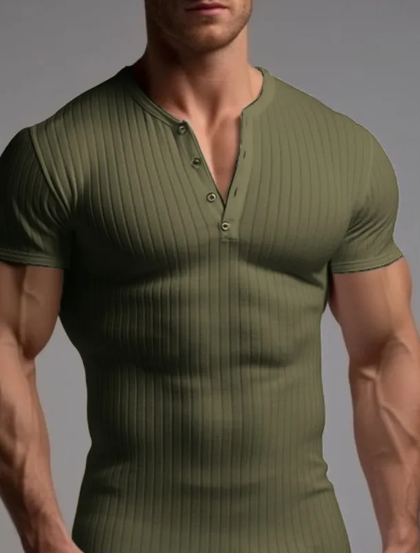 Men's T shirt Tee Henley Shirt Ribbed Knit tee Tee Top Plain Henley Street Vacation Short Sleeves Clothing Apparel Fashion Designer Basic