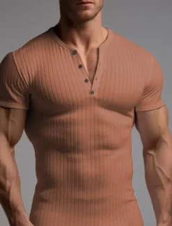 Men's T shirt Tee Henley Shirt Ribbed Knit tee Tee Top Plain Henley Street Vacation Short Sleeves Clothing Apparel Fashion Designer Basic