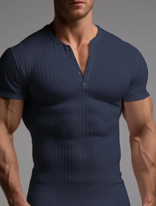 Men's T shirt Tee Henley Shirt Ribbed Knit tee Tee Top Plain Henley Street Vacation Short Sleeves Clothing Apparel Fashion Designer Basic